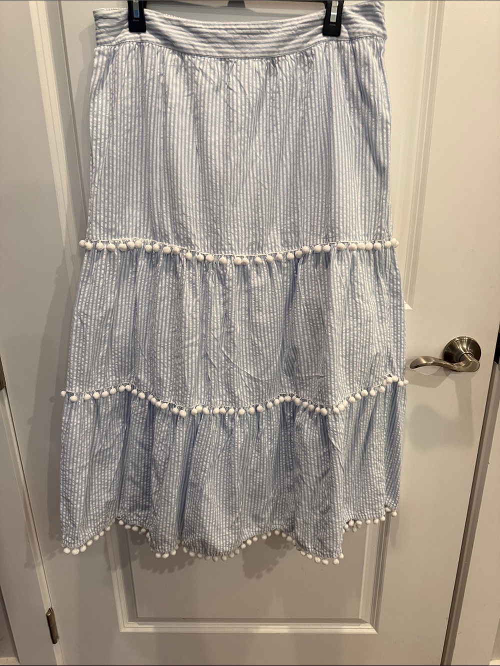 crown & ivy light blue striped seersucker midi skirt with white pom-poms